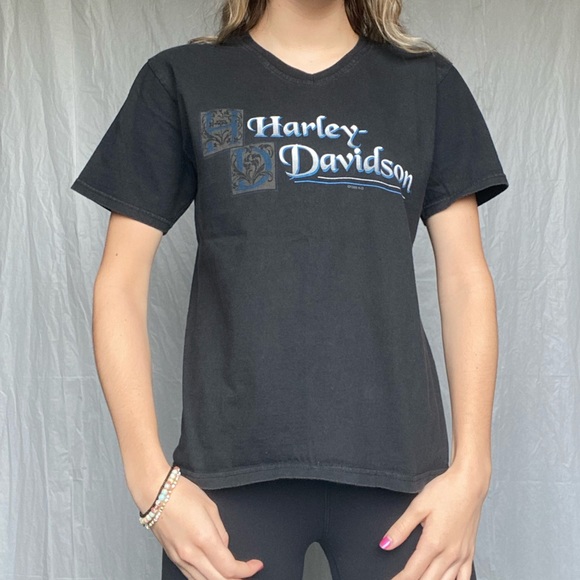 Harley Davidson 1998 Vintage Rare Medium Black Short Sleeve V-Neck Shirt - Picture 3 of 7